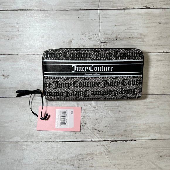 Juicy Couture Handbags - Juicy Couture Billboard Gothic Logo Stripe Black Beige Large Zip Around Wallet